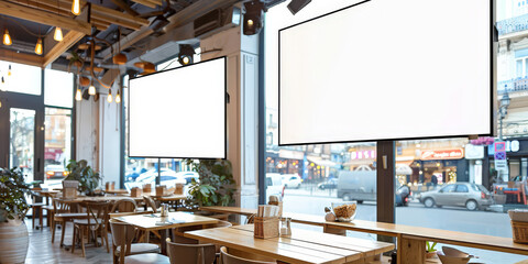 a restaurant with white blank screen banners,Mock up screen display Restaurant Cafe Menu food, for restaurant marketing, food service industry, digital menu advertising, and customer engagement