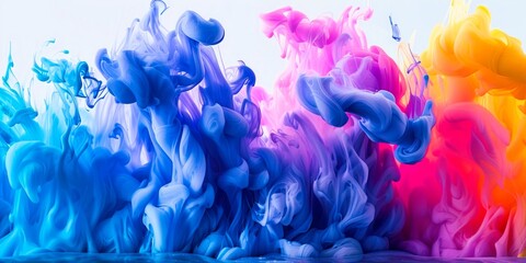 Vibrant ink plumes merging in water, displaying a spectrum of abstract colors and dynamic flow