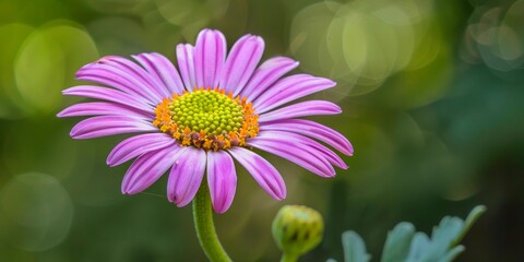Vivid purple African daisy with yellow center, soft nature backdrop, and clear focus.