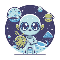 Naklejka premium 2d vector illustration chibi cute alien, holding sphere earth plant , full body , clean shape and line, white background, random moon background 