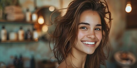 Obraz premium Happy woman enjoying a haircut at a salon beaming with satisfaction. Concept Salon Experience, Hair Transformation, Client Satisfaction