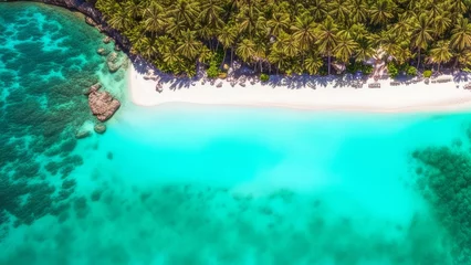 Zelfklevend Fotobehang Top view of a tropical sandy beach with a coral reef. © Lednev