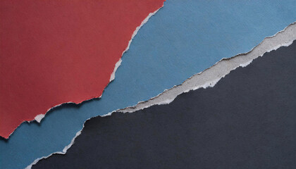 Abstract background of layered torn art paper texture in red, blue, dark color.