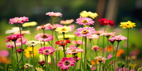 Fototapeta premium Gerbera daisies bloom in a vibrant array, colorful flowers symbolizing cheer in a natural setting.