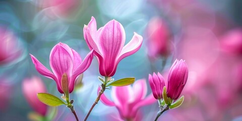 Pink magnolia blooms with a soft bokeh background in spring.