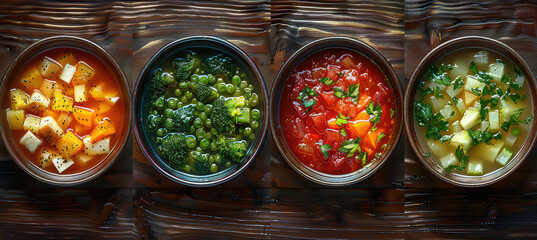 Different types of vegetables soup on wooden table. Created with Ai - obrazy, fototapety, plakaty