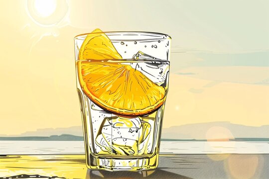 a glass of water with ice and a slice of lemon