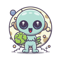 Obraz premium 2d vector illustration chibi cute alien, holding sphere earth plant , full body , clean shape and line, white background, random moon background 