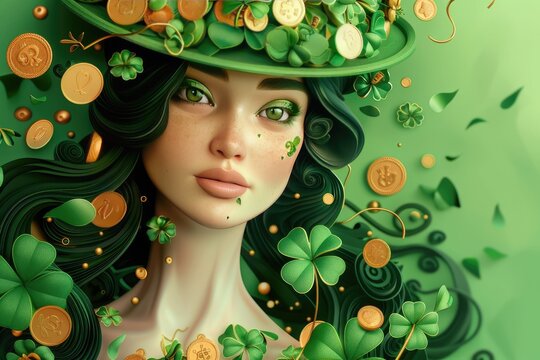 Beautiful woman with in green hat with clover leaves and gold coins St Patricks Day