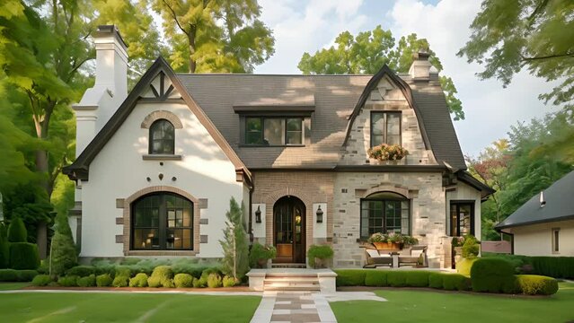 This charming house stands out with its textured facade featuring a mix of whitewashed shingles exposed brick and intricate tile patterns giving it a warm and inviting feel.