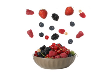 PNG, plate with levitating berries isolated on white background.
