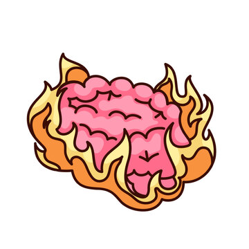 Groovy cartoon human brain with fire. Funny retro burning and exploding overworked thinking organ, burnout and brainstorm mascot, cartoon brain and flame sticker of 70s 80s style vector illustration