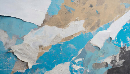 Textured wall with peeling paint and torn paper layers, revealing a mix of colors and textures.