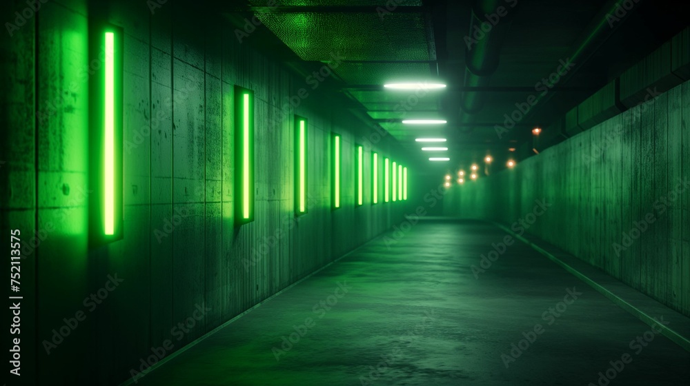 Wall mural green neon warning lights at night.