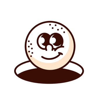 Groovy golf ball cartoon character with circle hole. Funny retro emoji with comic smile hits target, golf tournament and sport training mascot, cartoon sticker of 70s 80s style vector illustration