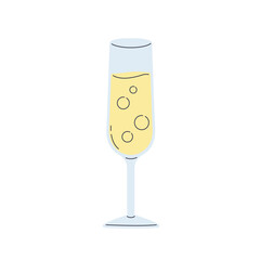 Glass of champagne with bubbles. White sparkling wine. Flat cartoon style vector illustration isolated on white background