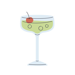 Cocktail glass of refreshing drink cocktail decorated with cherry. Flat cartoon style vector illustration isolated on white background