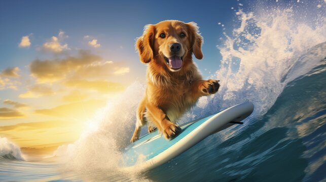 Image of a happy dog on a surfboard.