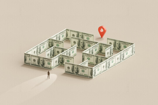 Businessman thinking to entrance money maze puzzle business success challenge on 3d solution finance dollar wall currency strategy with wealth market opportunity or lost economy investment location.