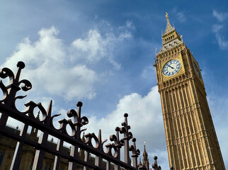 A low angle view of Big Ben in Westminster, London, UK. 