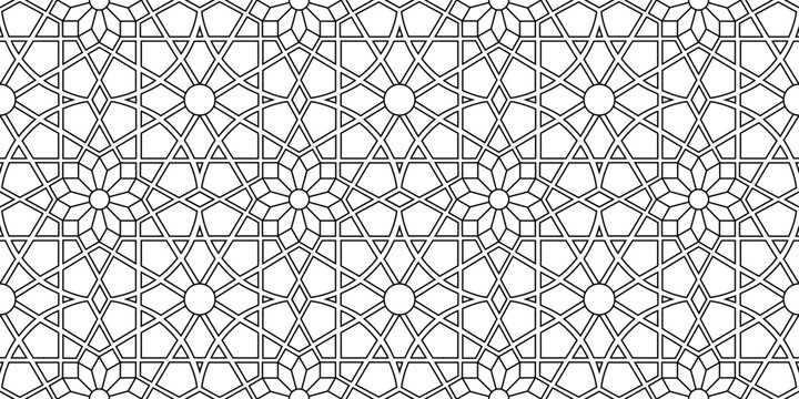 Seamless geometric pattern with floral elements in black and white colors. Decorative arabesque in Arabic style. Vector abstract design.
