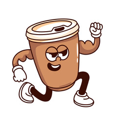 Groovy coffee cartoon character running. Funny retro cup of takeaway drink with caffeine walking, coffee break or breakfast mascot, cartoon disposable mug sticker of 70s 80s style vector illustration