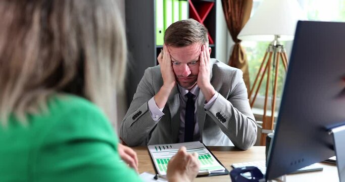 Shocked boss listens to analyst manager financial report. Overtime fatigue emotion surprise