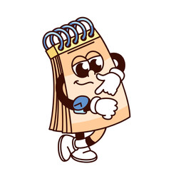 Groovy calendar cartoon character looking at wristwatch. Funny retro paper organizer pointing to time, deadline and new event mascot, cartoon calendar sticker of 70s 80s style vector illustration