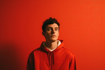 Young man in a red hoodie on a red background. Copy space.