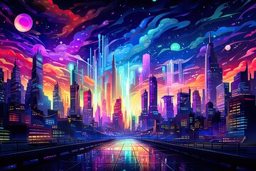 Neon City Lights Odyssey - obrazy, fototapety, plakaty