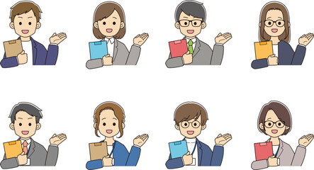 案内をする、資料を持ったスーツを着た若者たち