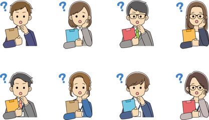 疑問に思う、資料を持ったスーツを着た若者たち