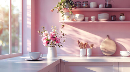 Cozy modern kitchen interior with morning light and flowers