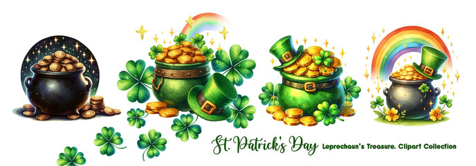 St. Patrick's Day clipart set of Leprechaun's treasures in cauldron, pot and treasure chest. Illustration in watercolor style isolated on transparent background. With lucky rainbow, shamrock and gold