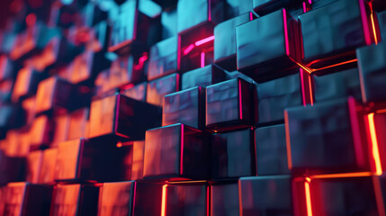 Futuristic glossy 3D cubes with neon lights in an abstract composition - obrazy, fototapety, plakaty