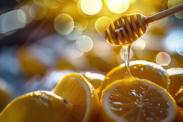a honey dripping from a honey dipper over lemons - obrazy, fototapety, plakaty