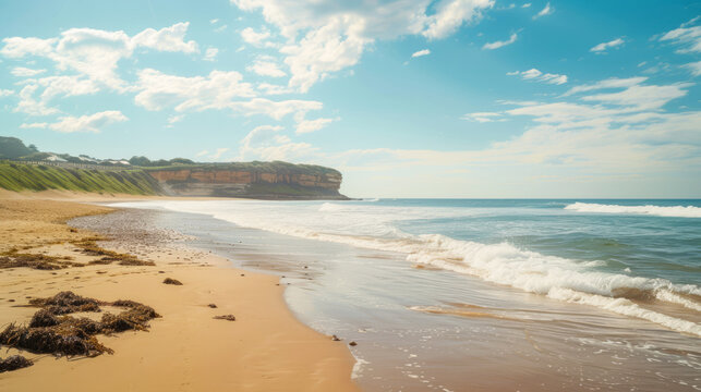 Serene Merewether seaside view with sandy beach and blue sky
