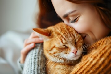 A woman peacefully holds her cherished cat in a warm embrace, displaying a bond of love and friendship at home.