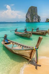 Fototapeta na wymiar Multiple boats parked on sandy beach at Railay Beach, Krabi, Andaman Sea, Thailand.