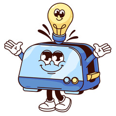 Groovy happy toaster cartoon character with light bulb flying out. Funny retro electrical appliance and yellow bulb, creative idea boost mascot, cartoon sticker of 70s 80s style vector illustration