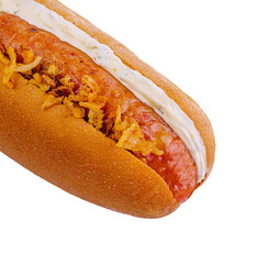 Hot Dog with Sausage, Mayonnaise and Fried Onions