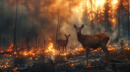 Two deer amidst a blazing forest fire in a natural landscape - obrazy, fototapety, plakaty