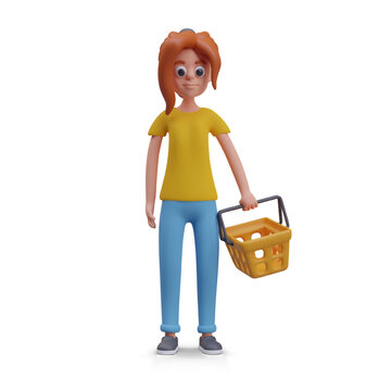 Woman with red hair is shopping. Female character is standing with empty shopping basket