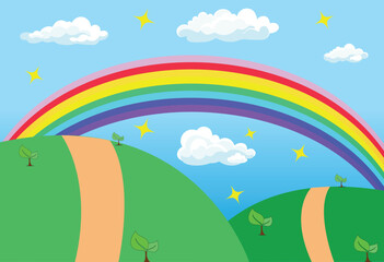 view Rainbow and mountains with roads and young seedlings and clouds in the sky Nature