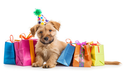Funny photo of a dog wearing a birthday party hat with presents ,Puppy with gifts isolated on a white background