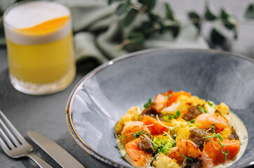 Sweet Potato with Shrimp and Truffle Sauce