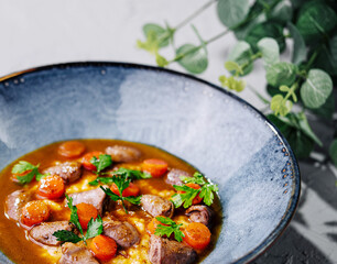 Traditional goulash with mashed potatoes and herbs