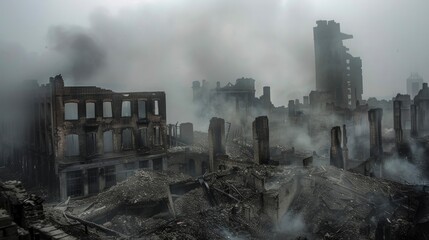 Destroyed City Building in the Smoke