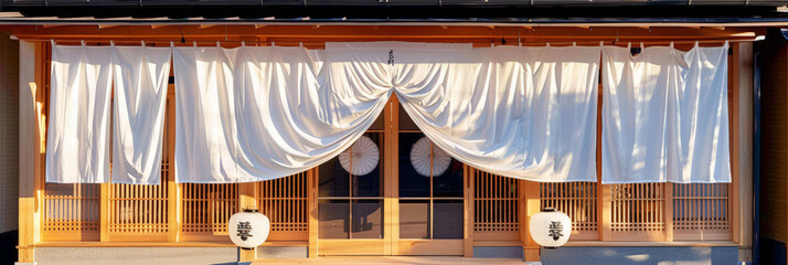 Obraz na płótnie Canvas a white blank Poster banner template curtain hanging on the front doors of a Japanese restaurant