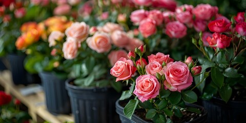 Blooming Roses: Stunning Variety in Stylish Black Planters at Nursery. Concept Roses, Flowers, Planters, Nursery, Stylish